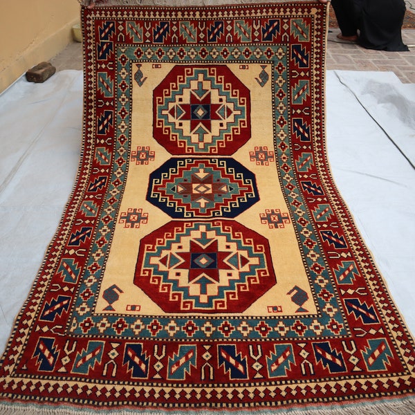 3.4x5.7 ft- Vintage Kazak Rug, Caucasian Rug, Bohemian Rug, Shirvan Rug, Red Beige Vintage Carpet, Anatolian Rug, 4x6 Area Rug, Entryway Rug