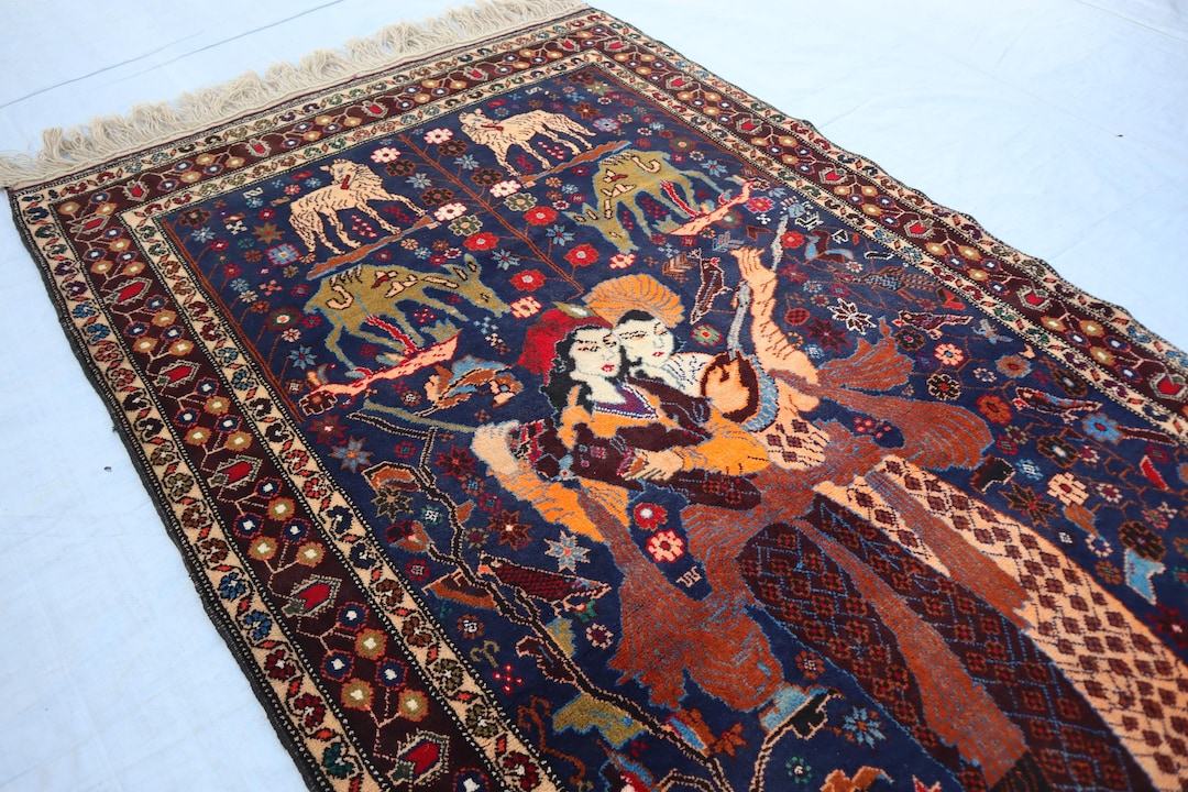 Navy Blue Pictorial Rug 4.8x8.8 Ft Animal Hunting Scene Rug, Hand ...