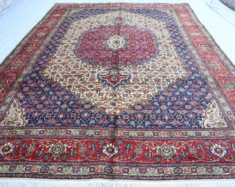 Collectors Piece Antique Rug, 10x13 ft Caucasian Afghan Handmade Area Rug, Navy Red Oriental Turkmen Medallion Serapi Rug, Living Room Rug