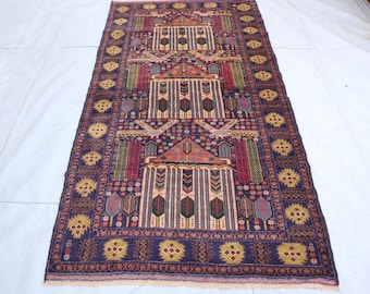 Navy Blue Antique Area Rug, 4'0x7'3 ft Afghan Handmade Wool Rug, 4x7 Vintage Area Rug, Aesthetic Living Room Rug, Nomadic Afghan Tribal Rug