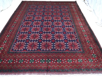 Dunkelblauer Teppich 2,5 x 3,5 m Großer Afghanischer Grüner Buchara Teppich - Handgemachter Wollteppich aus weichem Flor