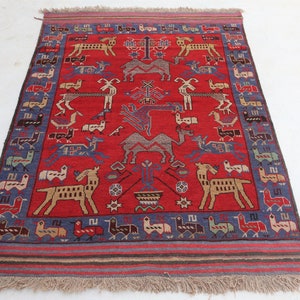 Afghan 4x6 Vintage Pictorial Rug- Unique Red Blue Area Rug- Turkoman Vintage Birds Rug- Animal Hunting Rug- Tree Of Life Rug- Bedroom Carpet