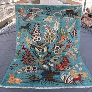 5x7 Blue Tree Of Life Rug, Afghan Hand Knotted Soft Wool Pile Rug, Animal Print Rug, Turkoman Modern Gabbeh Rug, Blue Bedroom Rug 5&#39;1&quot;x6&#39;10&quot;