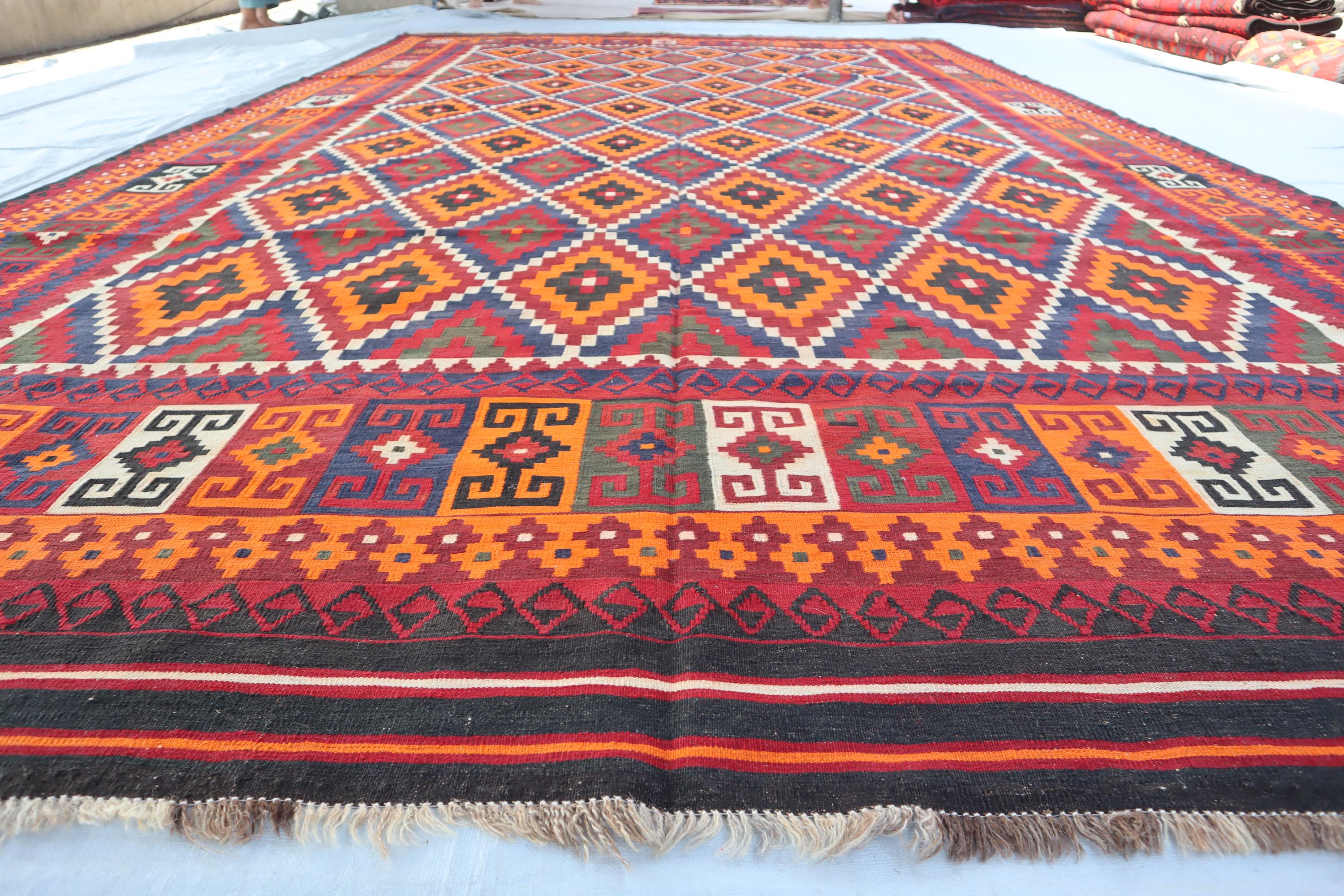 9x16 Extra Large Afghan Vintage Terracotta Rug, Flatweave Rug ...