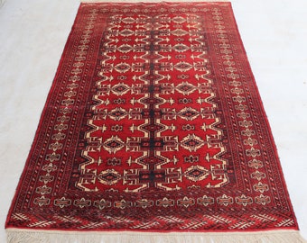 Antique Yamut Rug 4.6x6.6 Ft, Bokhara Turkmen Rug, Afghan Handmade Rug, Caucasian Carpet, Ersari Vintage Rug, Vegi Dyed Wool Rug-Bedroom Rug