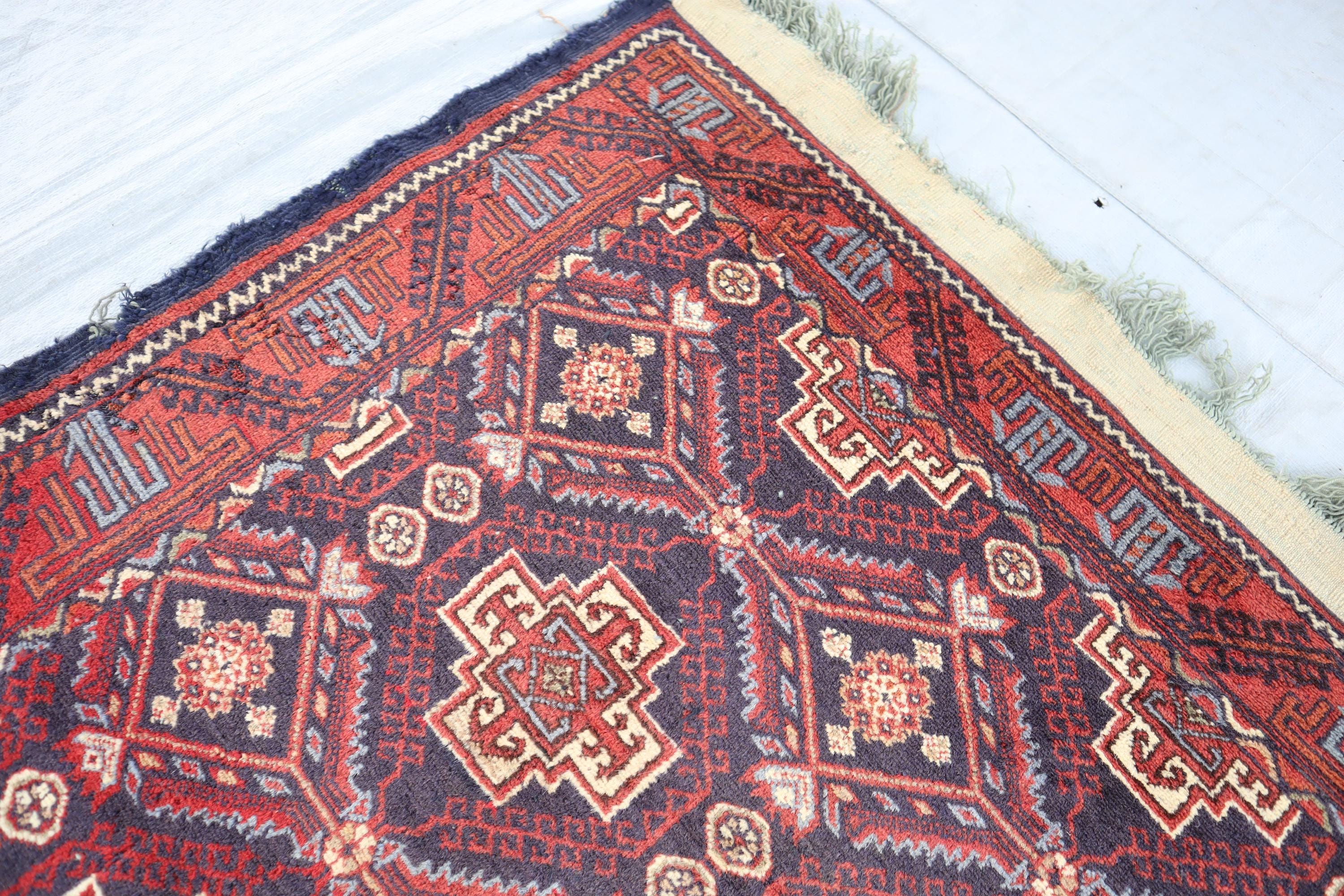 13フィートの長さのネイビーレッドのヴィンテージトルクメンワイド廊下