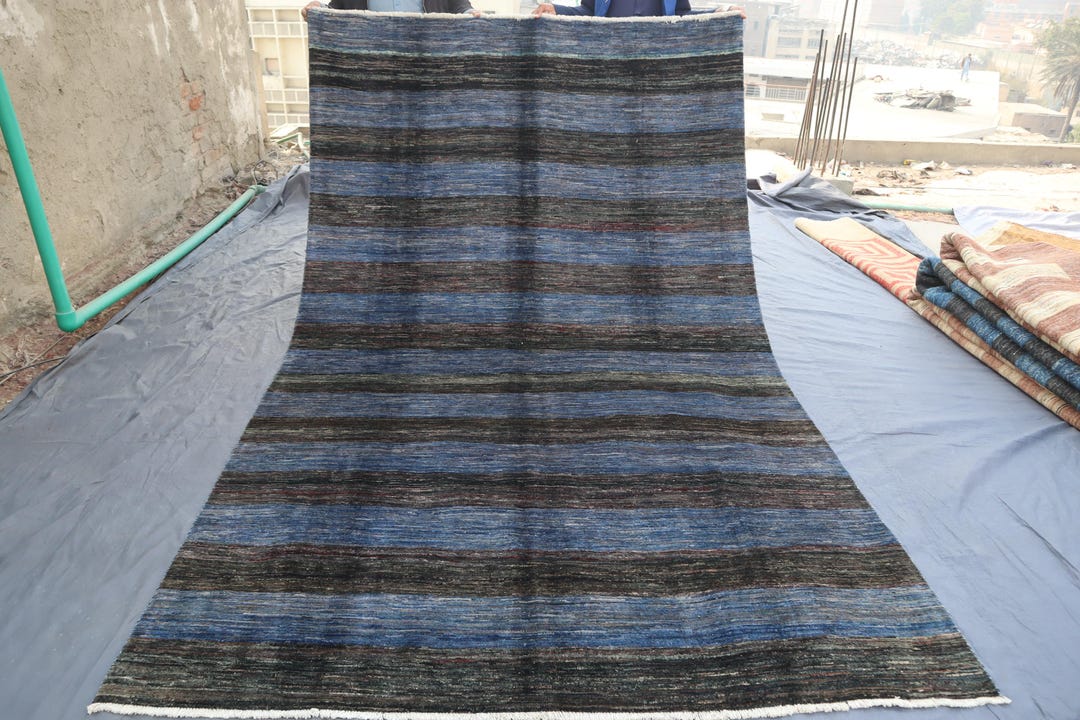 Navy Blue 5'8x9'6 Ft Modern Striped Area Rug, Afghan Hand Knotted Veg ...