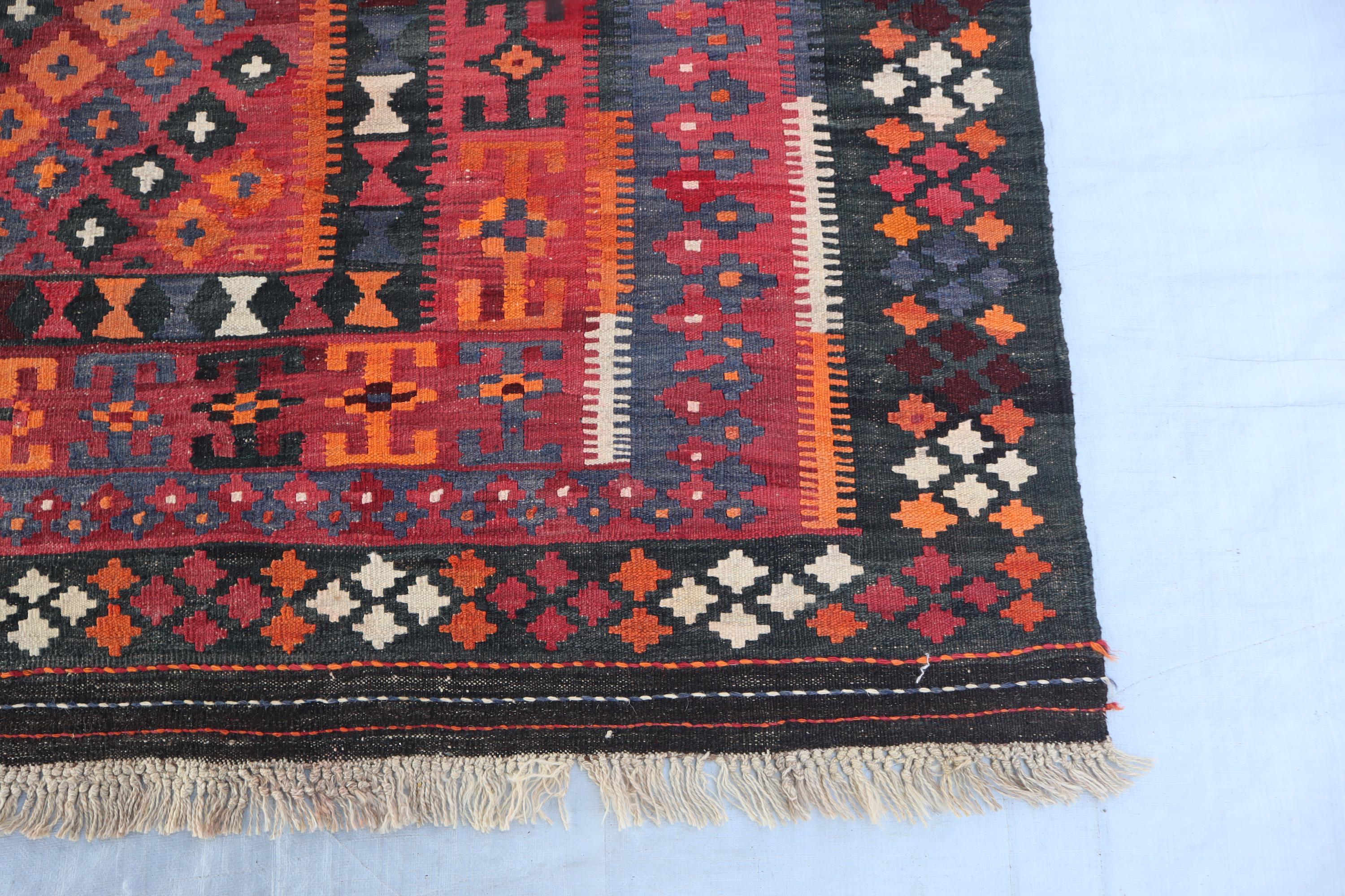 7'6x15'0 ft ヴィンテージキリムラグ、バーガンディオレンジアフガン