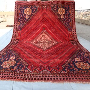 Red Afghan 1950&#39;s Antique Caucasian Rug 6x9 ft, Handmade Low Pile Wool Rug, Vintage Tribal Rug, Oriental Area rug, Living Room, Kitchen Rug