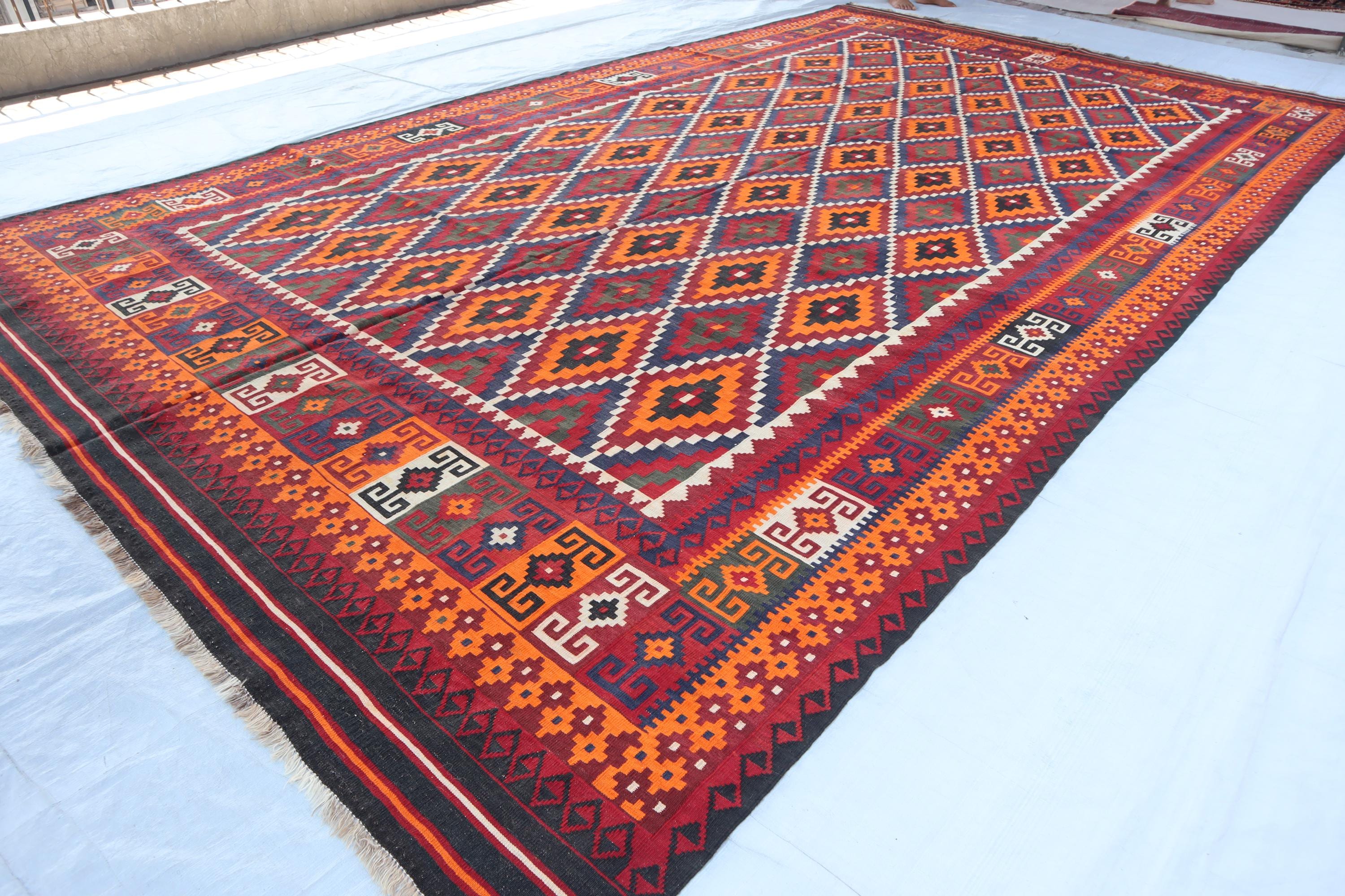 9x16 Extra Large Afghan Vintage Terracotta Rug, Flatweave Rug ...