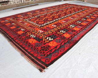 9 x 15 extra groot vintage bukharatapijt, Afghaanse kelimtapijt, handgemaakt wollen tapijt Oosters Turkmeens platgeweven tapijt, vloerkleed woonkamer eettafel
