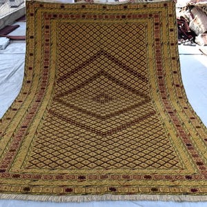 Beige Antique Rug, 7x9 ft Fine Afghan Handmade Natural dyes wool rug, Large Geometric Vintage Area Rug, Tribal Turkmen Rug, Dining Room Rugs