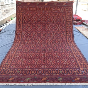 7x10 Antique Terracotta Kilim Rug, Large Handwoven Wool Flatweave Rug, Afghan Vintage faded Distressed Rug, Trible Turkmen Rug, Bedroom Rug