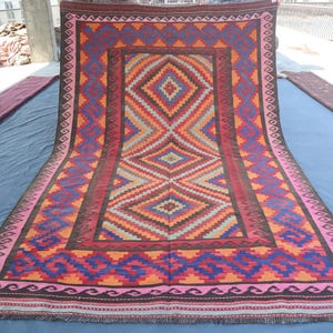 7x10 Vintage Pink Blue Red Kilim Rug, Handwoven Wool Flatweave Kilim Rug, Afghan Vintage faded Rug, Oriental Turkmen Rug, Office Bedroom Rug