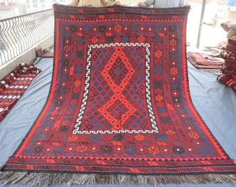 Square Rug 6&#39;5x9&#39;0 ft Afghan Flatweave Rug- Handmade Turkish Style Kilim Rug- Gift For Her Rug- 7x9 ft Living Room Rug- Red Blue Kitchen Rug