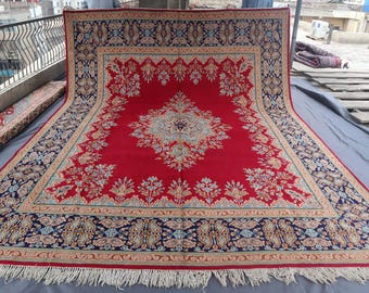 10 x 13 vintage tribal heris vloerkleed, donkerblauw kastanjebruin medaillon bloementapijt, vintage tapijt, handgemaakt wol vervaagd zachtpolig tapijt, eetkamertapijten
