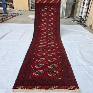 3x10 ft Runner Rug, Afghan Handmade Oriental Rug, Rust Red Terracotta Vintage Faded Wool Rug, Turkmen Tribal Bukhara Rug, Hallway Runner Rug