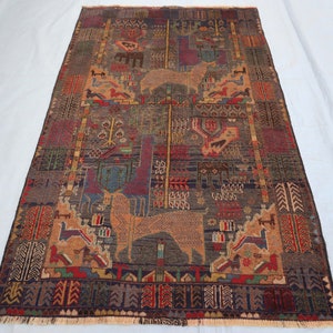 3&#39;9x6&#39;5 ft, Pictorial Area Rug, 1960&#39;s Antique Authentic Rug Handmade Wool Area Rug, Antique Baloch Art Deco , Afghan Oriental Kitchen Decor