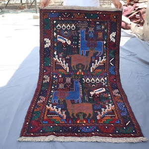 3x5 Vintage Animal Pictorial Rug - Afghan Tribal Baluchi Rug - Handmade Wool Rug - Oriental Rug - Antique Art Deco rug - Best for Kids Room