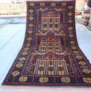 Navy Blue Afghan Vintage Rug 4x7.4 ft, Beige Blue Handmade Rug, Oriental Baluchi Rug, Plush Wool Soft Pile Rug, Bedroom, Office, Kitchen Rug