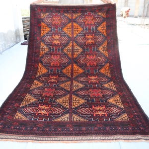 4&#39;6x7&#39;6 Ft Red Vintage Balochi Rug - Afghan Handmade 100% Wool Rug- Boho Living Room Rug- Moroccan Pattern Soft Wool Rug- High Pile Wool Rug