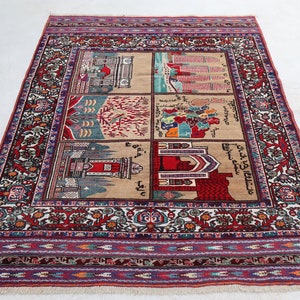 1960&#39;s Antique Afghan Pictorial Rug/ 4.8x5.10 Ft Handmade Tribal Carpet/ Wall Hanging Rug/ Floral Pattern Rug/ Oriental Rug/ Boho Home Décor