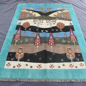 5x7 Turquoise Blue Modern Gabbeh Rug - Afghan Hand knotted Vege Dyes Wool Landscape Rug - Tree Of Life Rug-  Rugs for Living room 5&#39;0&quot;x6&#39;6&quot;
