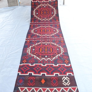 Alfombra Kilim antigua de 1,00 m x 4,15 m, de alta calidad, de tejido plano, turca, afgana, de lana tejida a mano, color burdeos.