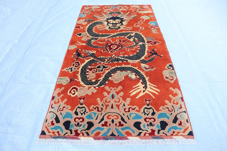 One of a Kind Pictorial Art Deco Rug 3'10x7'4 Ft, Afghan Hand Knotted