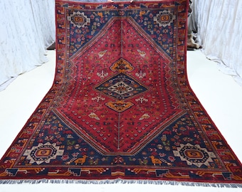 7x10 Vintage Red Turkmen Bukhara rug/ High Pile Handmade Wool rug/ Oriental Rug/ Rug for Bedroom/ 6x9 Indoor Rug/ Office/ Living Room Carpet