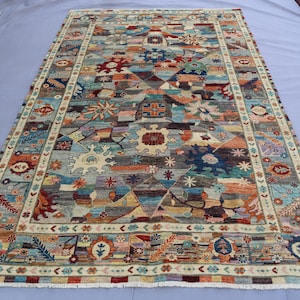 Tapis tribal gabbeh afghan beige bleu bleu 6 x 9 patchwork / Tapis turkmène fait main à motifs multiples / Tapis oriental / Tapis de chambre à coucher 6 x 9 / Cuisine