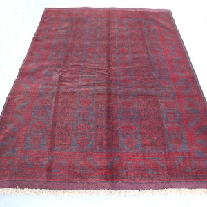 1970s Antique Rug- 4&#39;5x6&#39;5 ft Afghan Handmade Wool Rug- Red Gray Geometric Area Rug- Bedroom Rug- Living Room 135x190 cm- Turkmen Tribal Rug