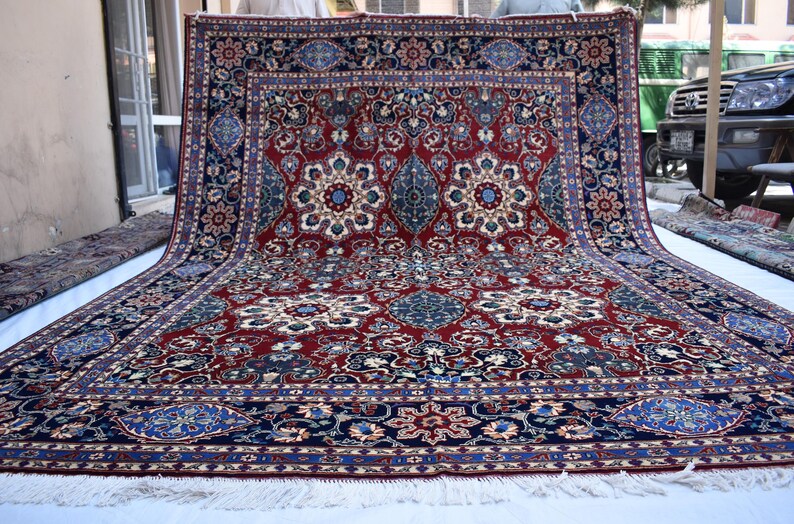 252 x 343 cm, handgeknüpfter afghanischer Teppich im kaukasischen Stil (Marineblau/Rot) / Türkischer Heriz-Teppich im Vintage-Look / Orientalischer Teppich / Wohnzimmerteppich / Büroteppich (252 x 335 cm) Bild 11