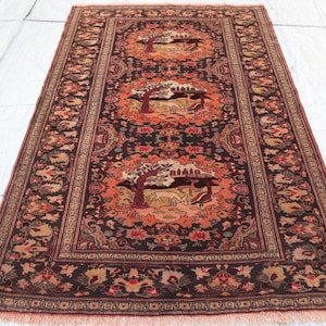 Afghan Antique 4x7 ft Pictorial Rug, Vintage Hand knotted Low Pile Pictorial Area Rug, 1920's Antique Hunting Scene Rug, One Of a Kind Rug
