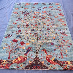 5x7 Blue Pictorial rug, Afghan Veg dyes Hand Knotted Wool Area Rug, Bohemian Home Decor, 5x7 Living Room Rug, One of a kind Tree of Life Rug
