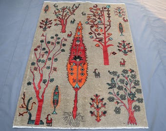 3x5 Tree Of Life Pictorial Rug, Pastel Gray Birds Animal Print Rug, Afghan Handmade Natural dye Wool Gabbeh Rug, Oriental Rug, Kids Area Rug