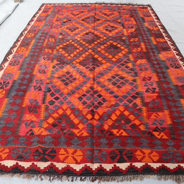 6'7x10'1 Vintage Rug, Dark Gray Orange Afghan Handmade Kilim Area Rug, Living Room Rug, Boho Decorative Rug, Bohemian Antique Geometric Rug