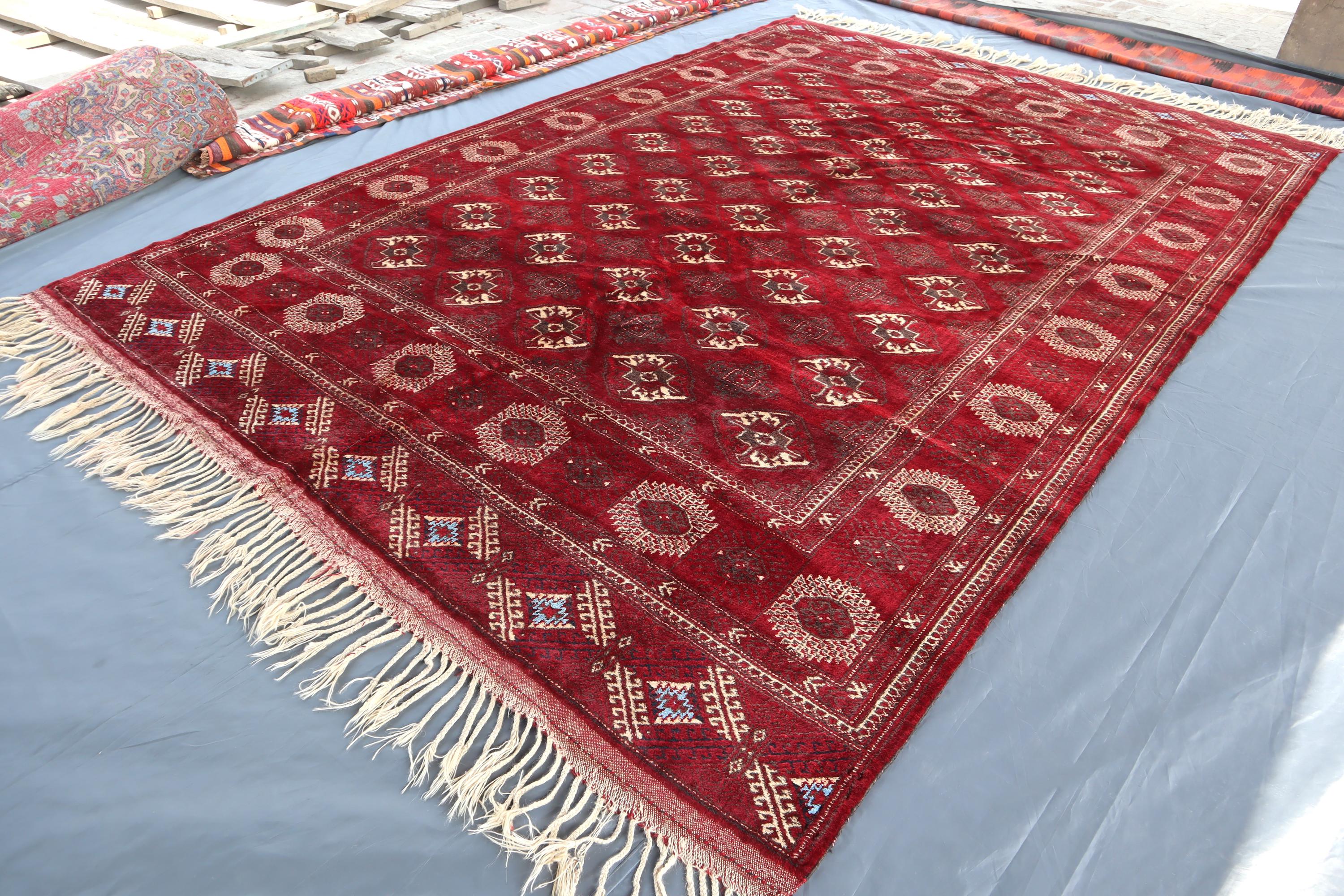 Turkmen Tribal Yamot Area Rug 8'3x12'3 Ft Red Beige Afghan Hand