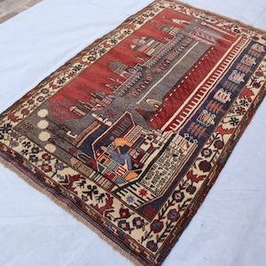 3x4.9 Ft Antique Pictorial Rug- Afghan Handmade Wool Rug- Turkoman Tribal Baloch Rug- Living Room Decor Rug- Baloch Pictorial Rug, Entry Rug