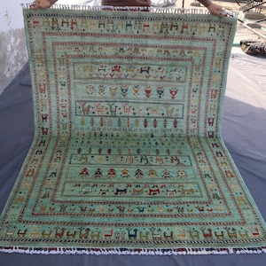 5x7 Pastel Blue Tribal Pictorial Gabbeh Rug - Afghan Organic Dyes Wool Animal Print Rug - Turkmen Handmade Tree Of Life Rug For Living Room