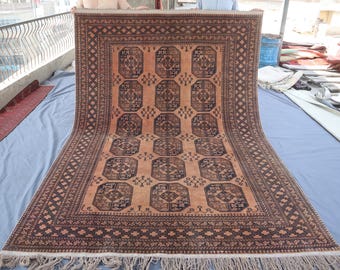 7x10 Vintage Red Turkmen Bukhara rug/ High Pile Handmade Wool rug/ Oriental Rug/ Rug for Bedroom/ 6x9 Indoor Rug/ Office/ Living Room Carpet