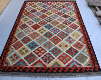 6x8 Afghan Handmade Kilim Rug 5'7x7'10 ft Flatweave Rug, Natural Veg dyes Turkmen Oriental Rug, Red Blue Turquoise Beige Living room Bedroom