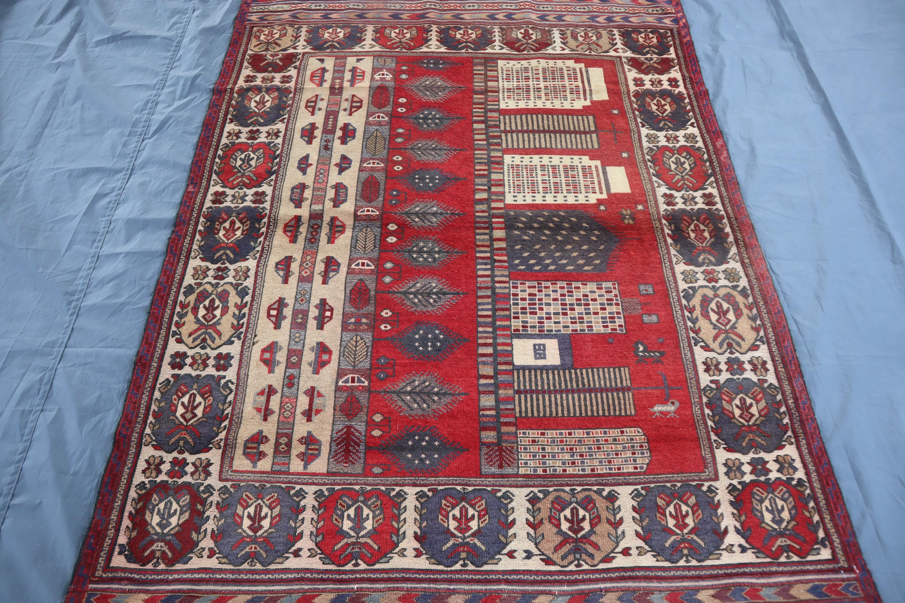Baluch rug 2枚セット※専用ページ！ 4'6x6'0 Afghan Baluchi Pictorial Rug, Red Beige Hand-made Veg Dye
