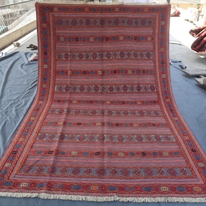 Vintage Tribal Soumak rug 6&#39;0x10&#39;0 ft Turkmen Handwoven Barjasta Area Rug, Afghan Handmade Oriental Rug 7x10 Bohemian Decor Rug, Bedroom rug
