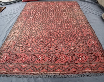7&#39;0x9&#39;10 Ft Afghan Kilim Rug- Fine Quality Afghan Rug- Red Beige Area Rug- 7x10 Flatweave Rug- Reversible Turkish Rug- Living Room Rug 7x12