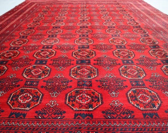 1960s Antique Bidjar Low Pile Rug- 6.7x8.9 Ft Handmade Red Afghan Carpet- Turkmen Waziri Vintage Rug- Tekke Area Rug-Bedroom Living Room Rug