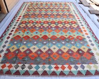 9.6x6.7 Ft, Multi Colour Veg Dyed Kilim Rug, Handmade Artisan Afghan Turkish Wool Kilim Area Rug, Hand Woven Kilim, Afghan Turkoman Area Rug