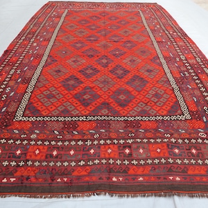 9x15 ft Afghan Vintage Faded Kilim Rug/ Handmade Wool Rug/ Terracotta Turkmen Tribal Nomadic Flatweave Kilim Geometric Rug/ 15x9 Kitchen Rug