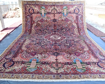 10x13 Authentic Oversize Bokhara Rug/ Beige Red Afghan Handmade Antique Rug/ One of a kind Turkish Heriz Rug/ Home decor 10x13 Medallion Rug