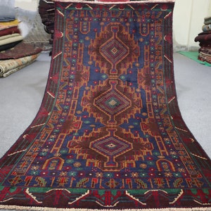 3&#39;5x6&#39;4 ft, Vintage Afghan Geometric Design Baluchi Rug, Soft Wool Pile 1990s Antique Rug- Handmade Tribal Area rug- Living Room Bedroom Rug